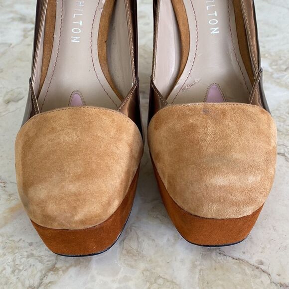 Paris Hilton Rebecca Camel Suede/Copper/Tan Leather Platform Pumps - Picture 6 of 13